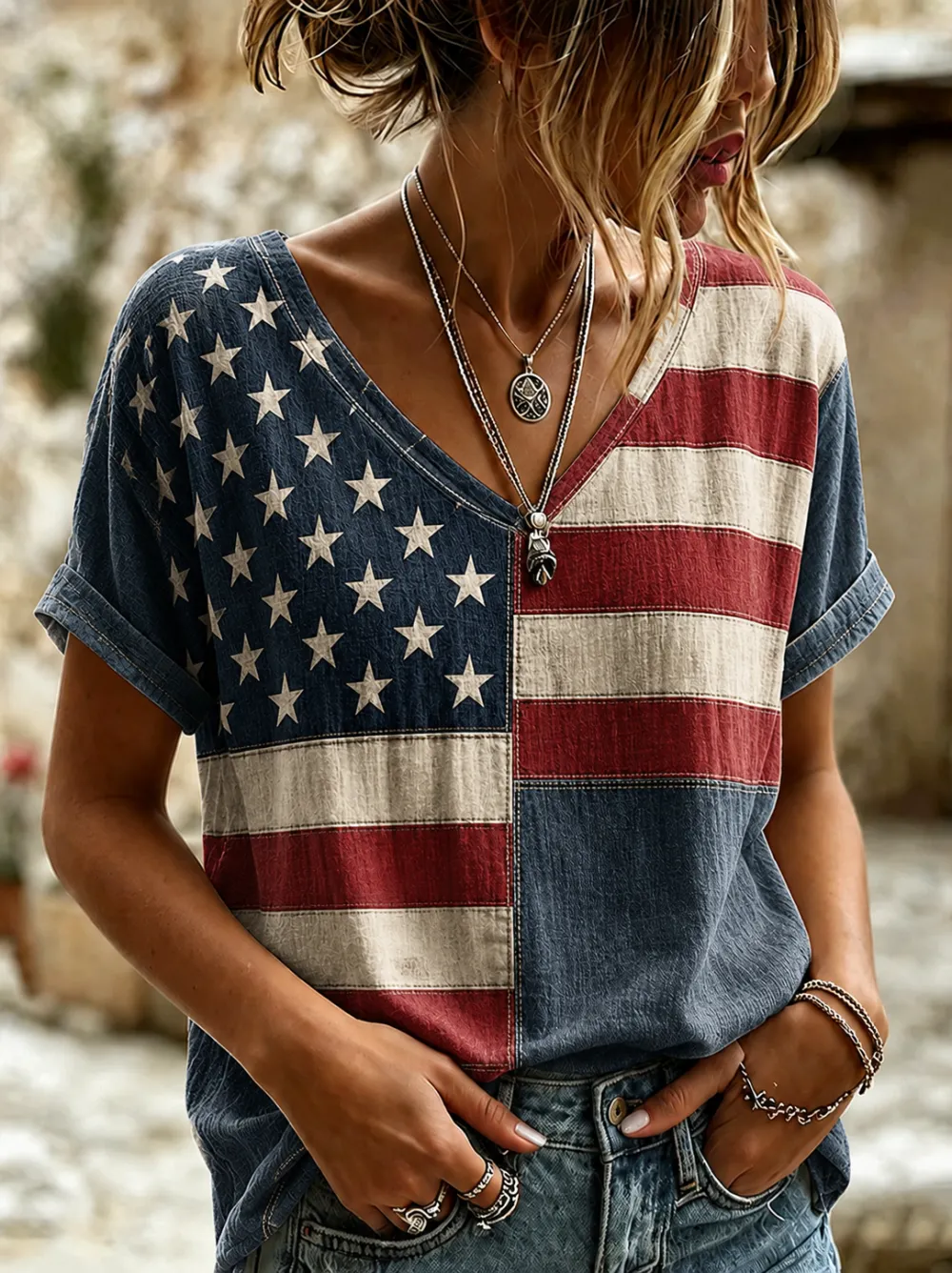 Women'S Retro Independence Day Printed Casual Short Sleeved T-Shirt