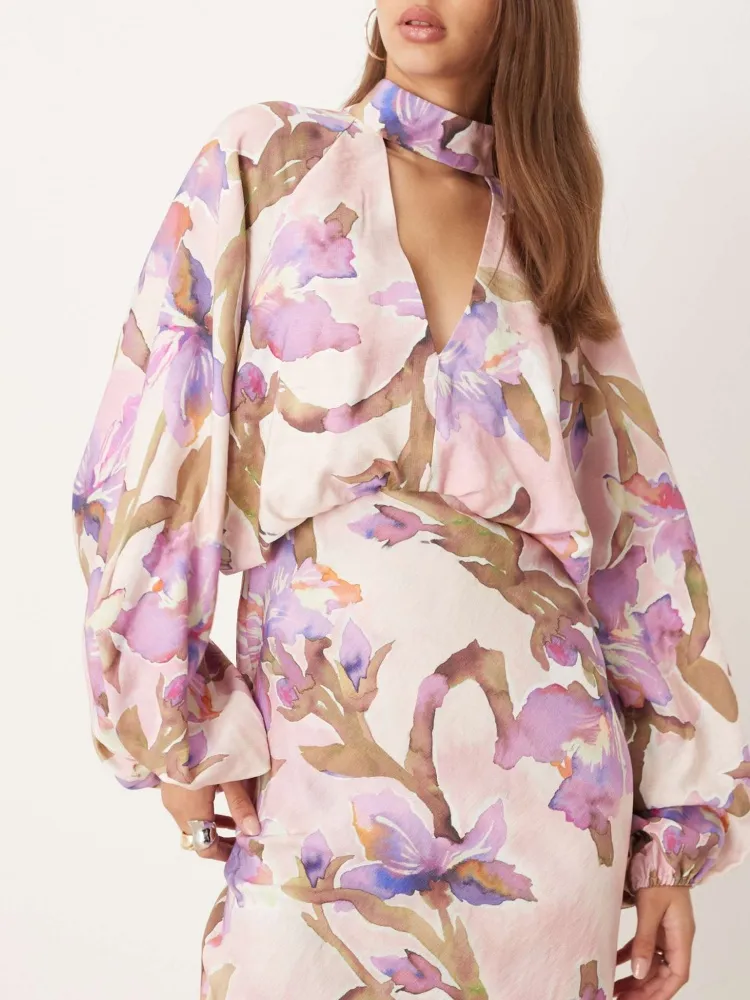 Cutout Watercolor Floral Maxi Dress
