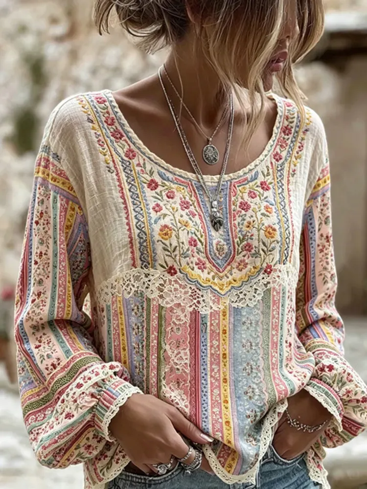Women's Retro Pink Art Embroidery Printed Cotton and Hemp Long Sleeve Top