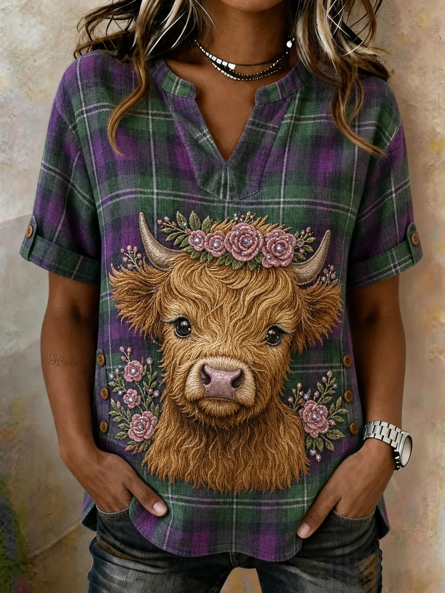 Women's Vintage Scottish Highland Cow Printed Casual Shirt
