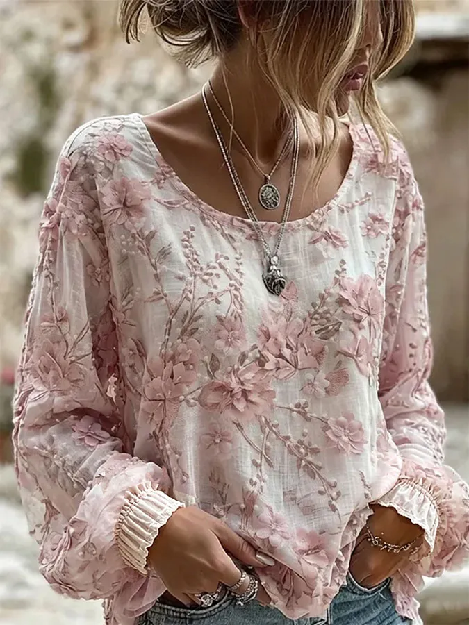 Women'S Floral Printed Casual Cotton And Linen Top