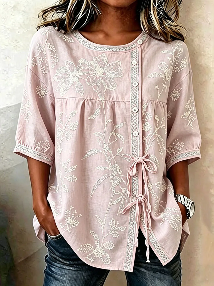 Women'S Casual Print Cotton Linen Top