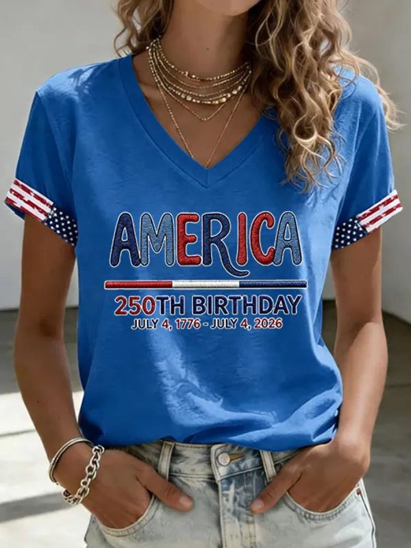 250th Anniversary American Embroidery Commemorative V-neck Short sleeved T-shirt