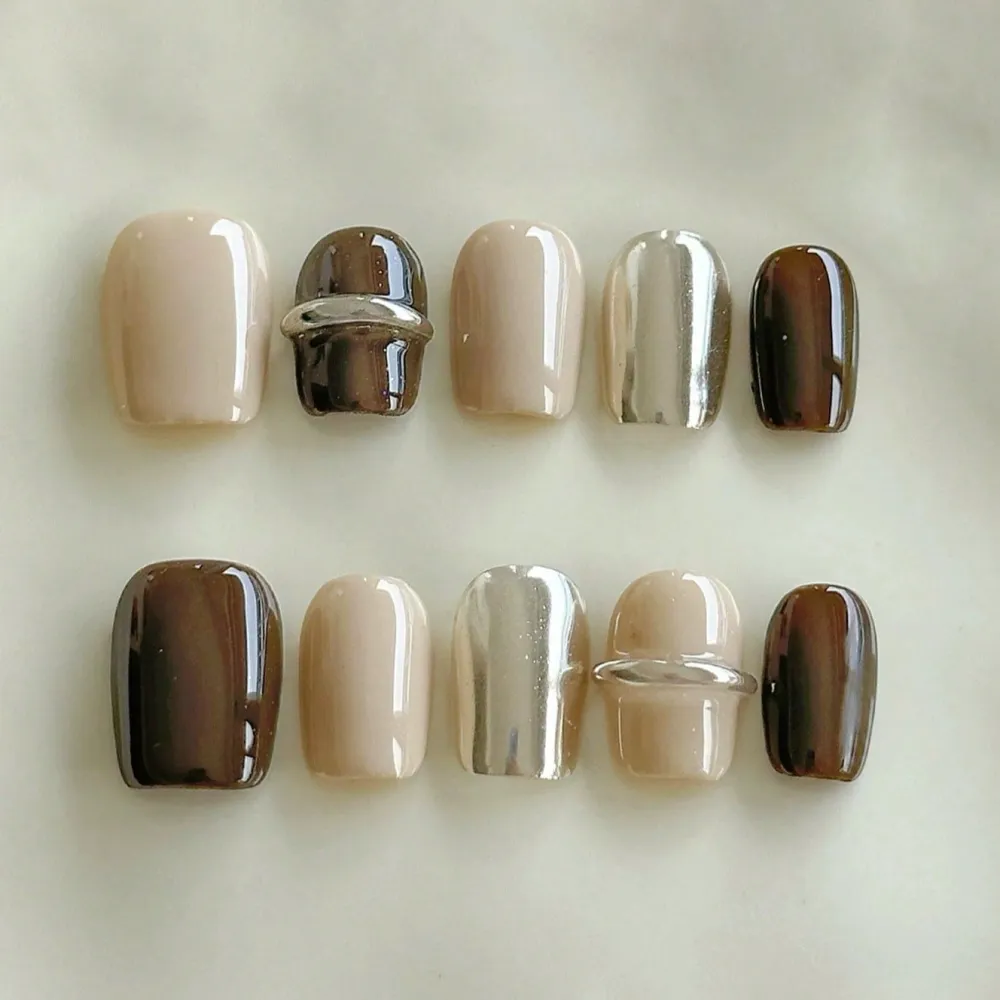 Nailhour 10Pcs Handmade Nude Vintage Short Square Press On Nails