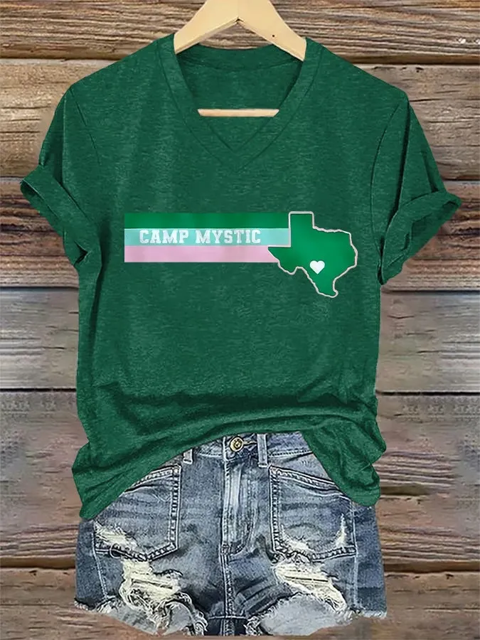 Women's Retro Camp Mystic Pink And Green Texas Strong Print T-Shirt