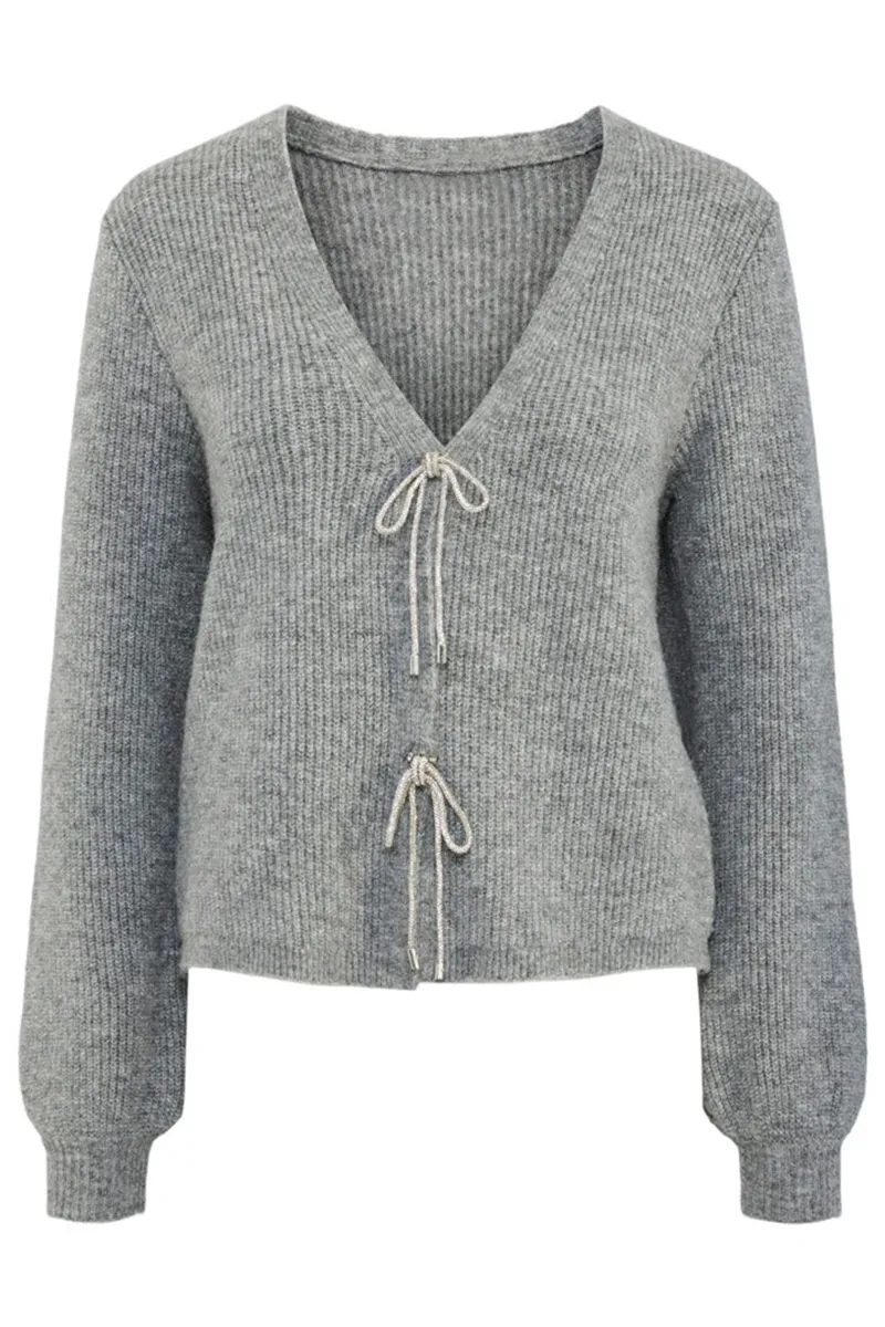 Grey Tie Front V-Neck Knit Cardigans