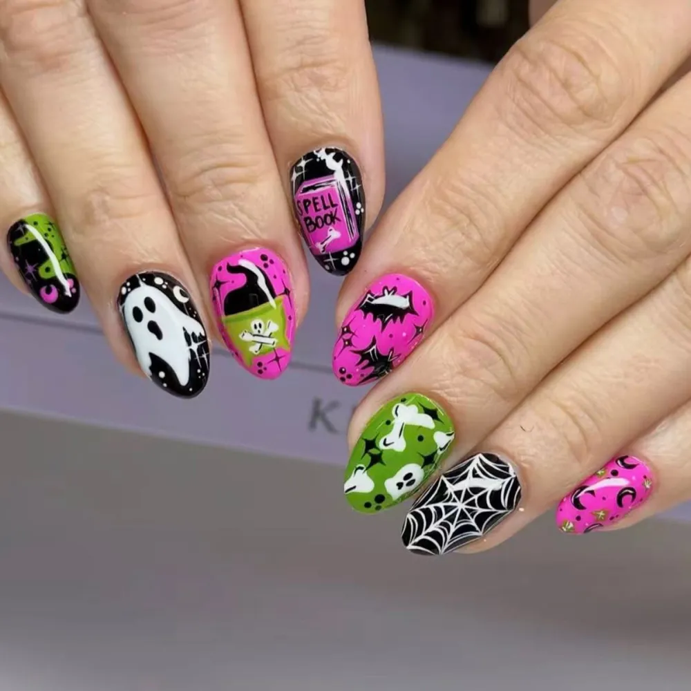 Nailhour 24Pcs Cute Ghost Spider Multicolor Halloween Short Oval Press On Nails