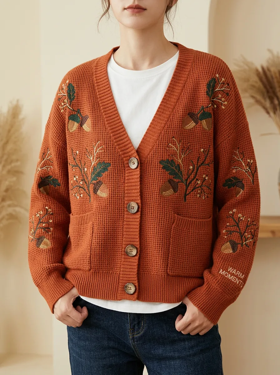Acorn Branch Embroidered Women's Knit Cardigan