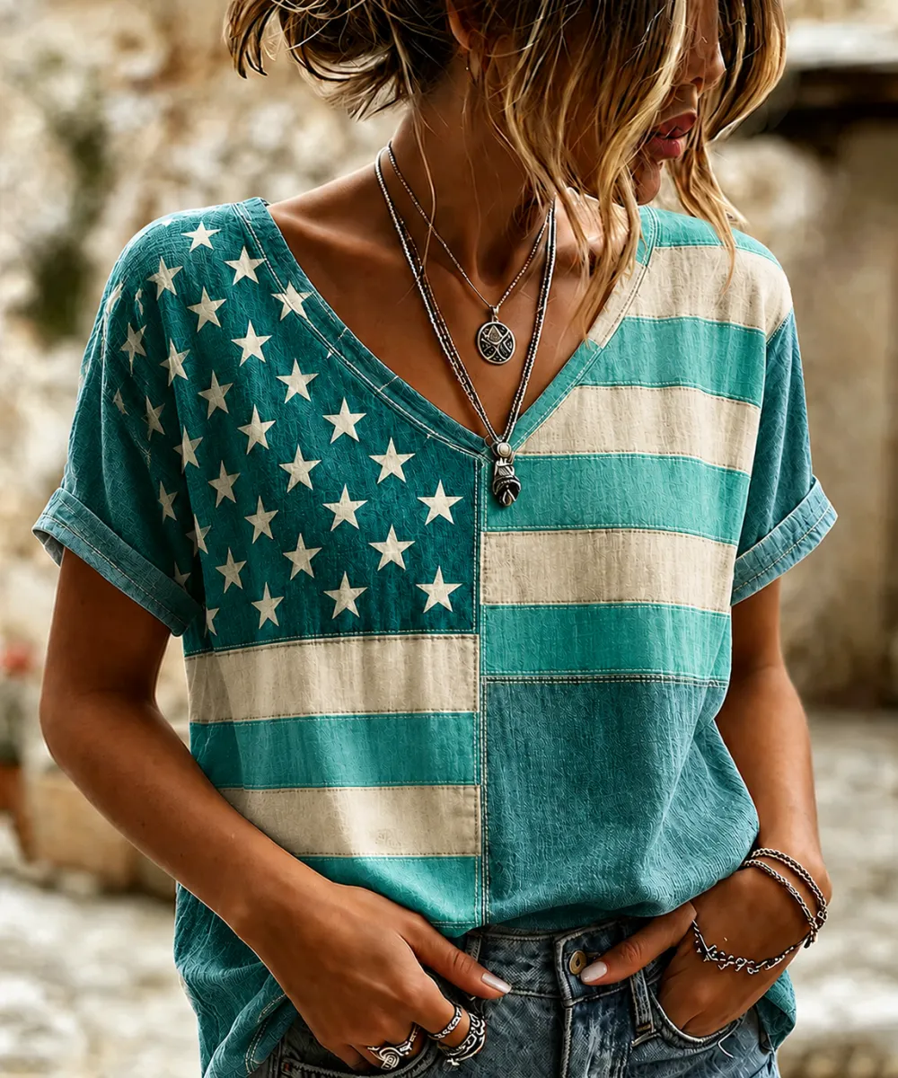Women'S Retro Independence Day Printed Casual Short Sleeved T-Shirt