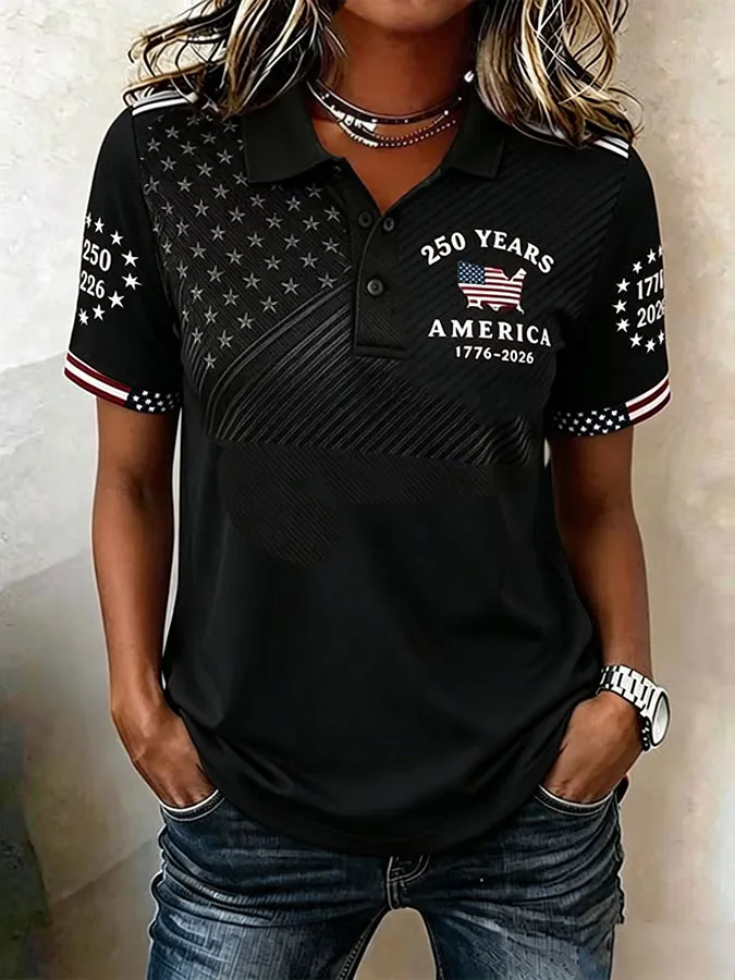 Women'S Casual American Independence Day Printed Polo Shirt Short Sleeved