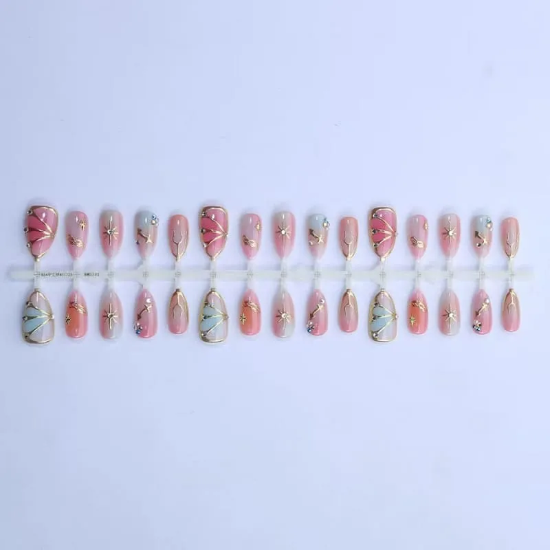 Nailhour 30Pcs Gilded Butterfly Pearl Medium Almond French Press On Nails
