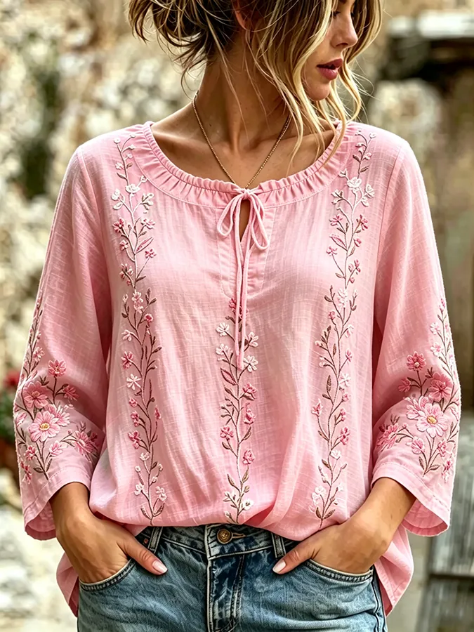 Ladies' Casual Floral Embroidery Personalized Printed Cotton And Linen Rope Top