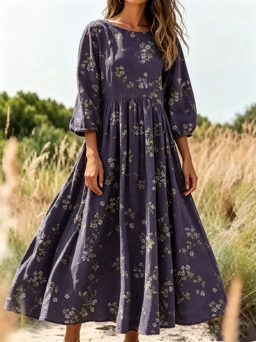 Women'S Linen Floral Print Maxi Dress