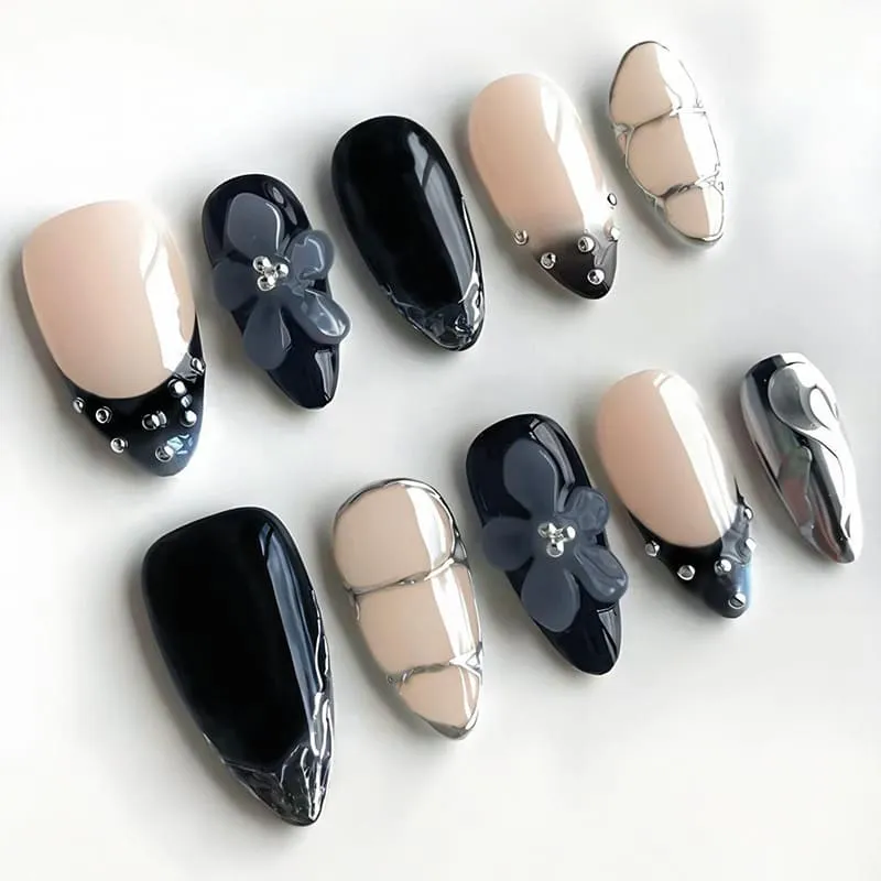 Nailhour 30Pcs Dark Blue Gradient Medium Almond French Press On Nails