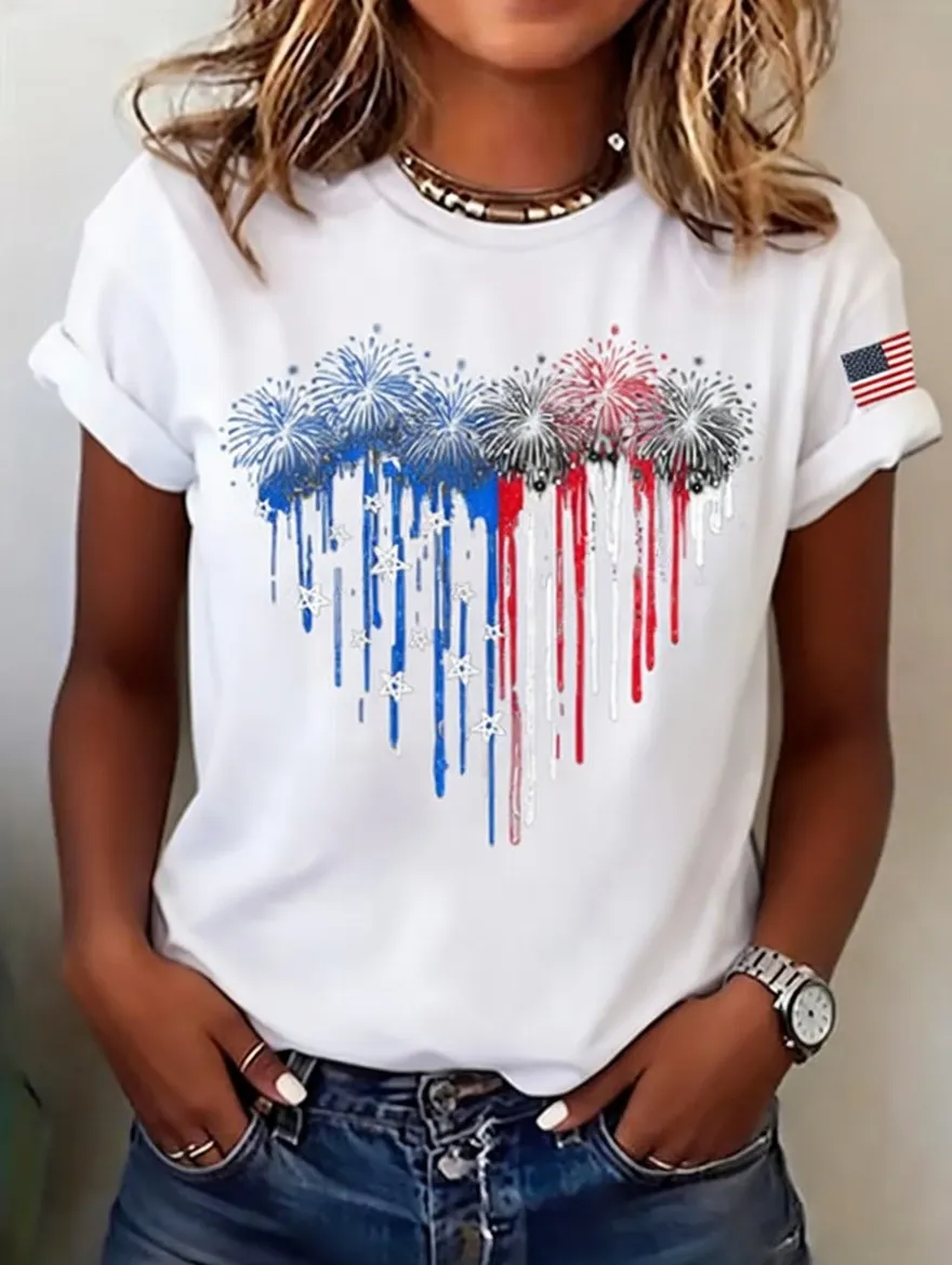 Women's casual round neck Patriot printed T-shirt