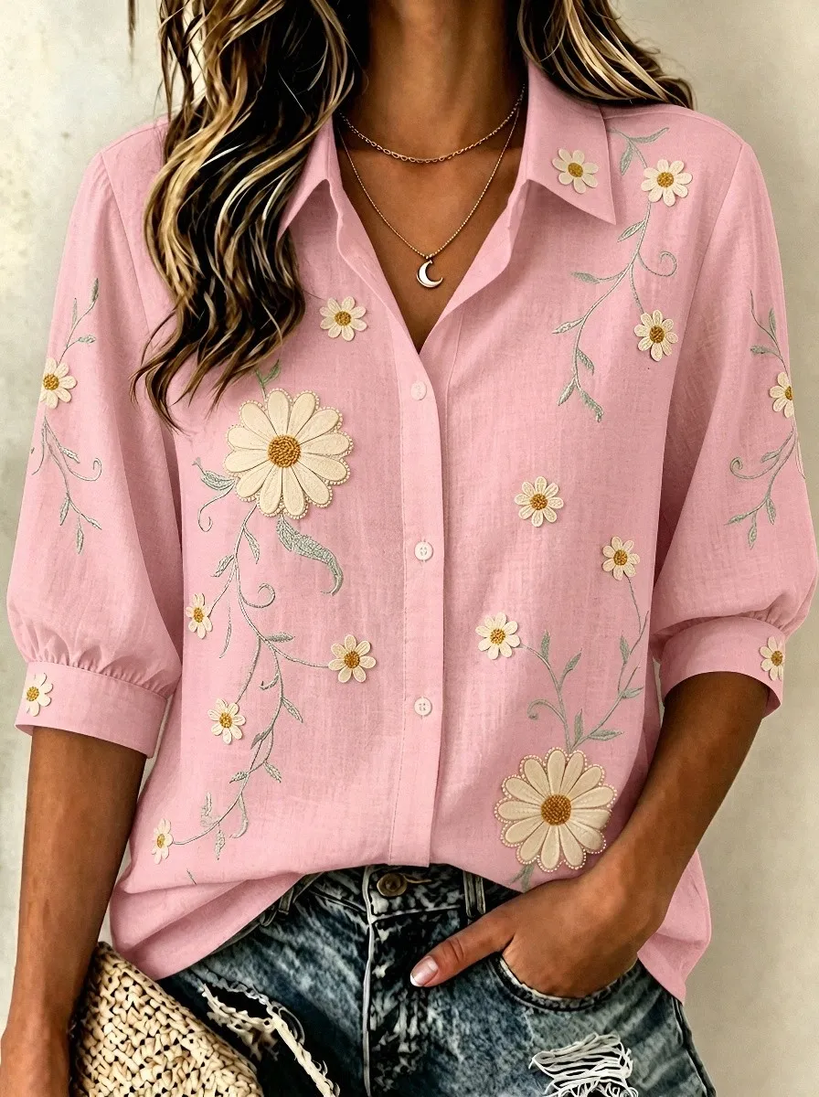 Women's Breast Cancer Awareness Daisy Floral Embroidered Printed Shirt