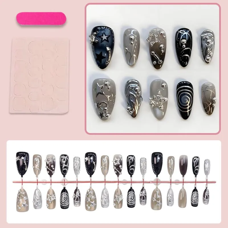 Nailhour 30Pcs Gothic Black Medium Almond 3D Press On Nails