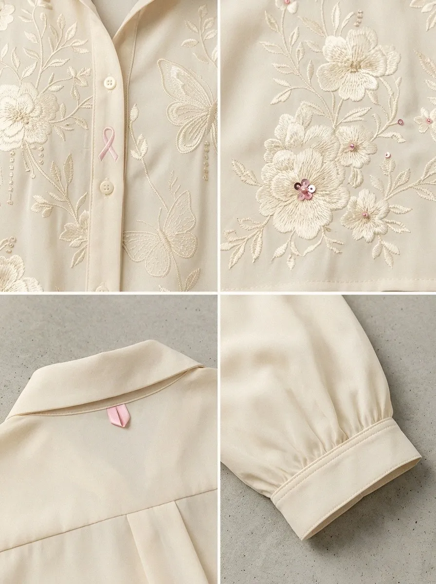 Women's Breast Cancer Awareness Butterfly Floral Embroidered Button-up Shirt