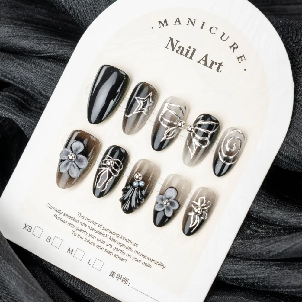 Nailhour 30Pcs Floral 3D Black Medium Almond French Press On Nails