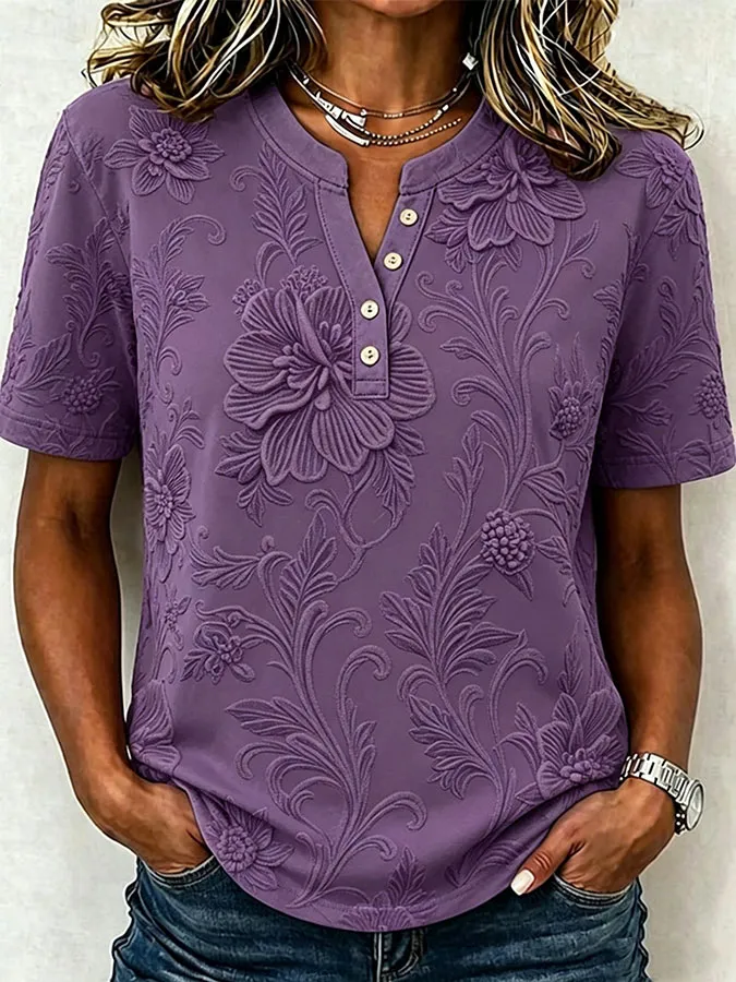Women'S Casual Purple Floral Printed Button T-Shirt