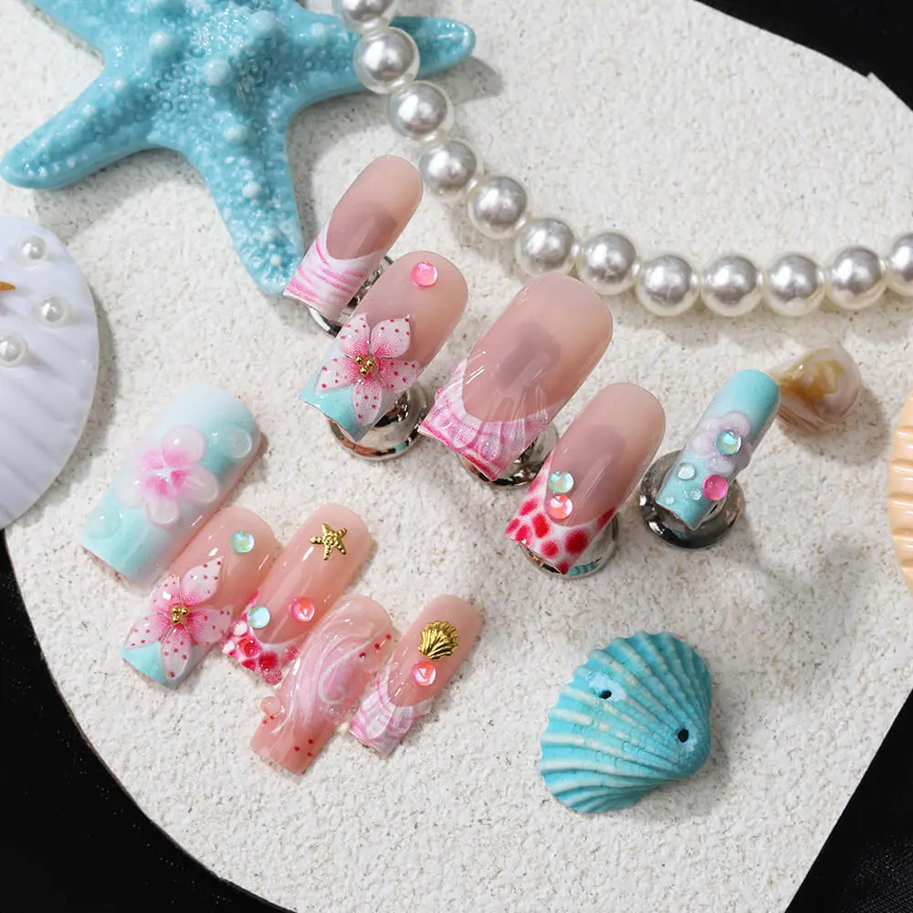 Nailhour 24Pcs 3D Floral Medium Square Press On Nails
