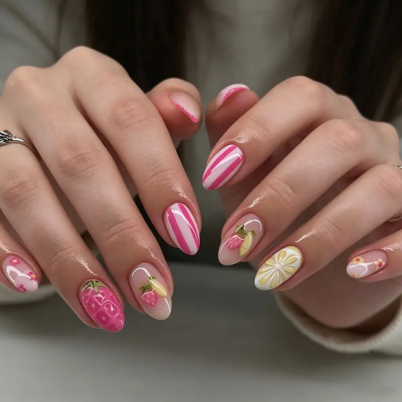 Nailhour 24Pcs Vintage 3D Resin Medium Almond Press On Nails