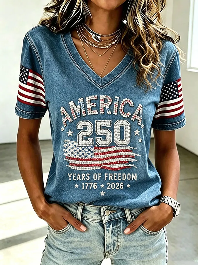 Women'S America Flag  Print Casual V-Neck T-Shirt