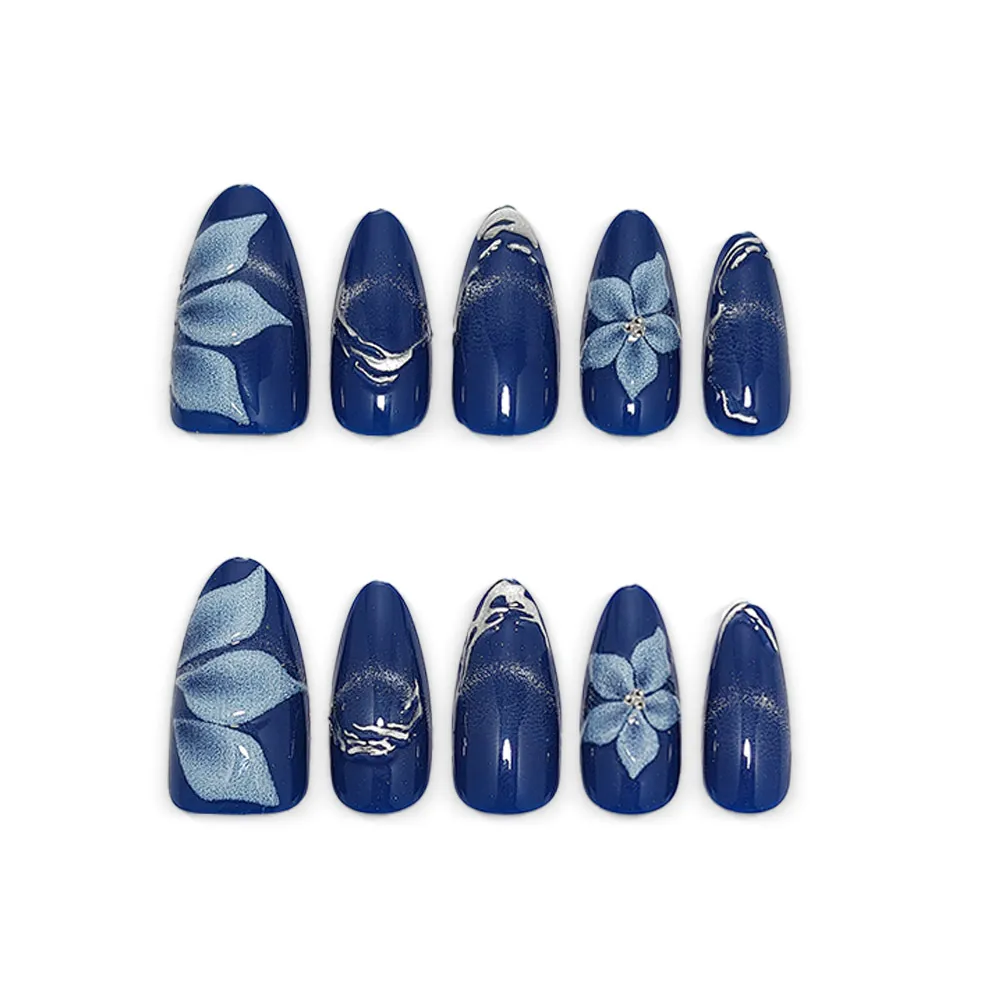 Nailhour 30Pcs Gray Blue Cat Eye Medium Almond Press On Nails