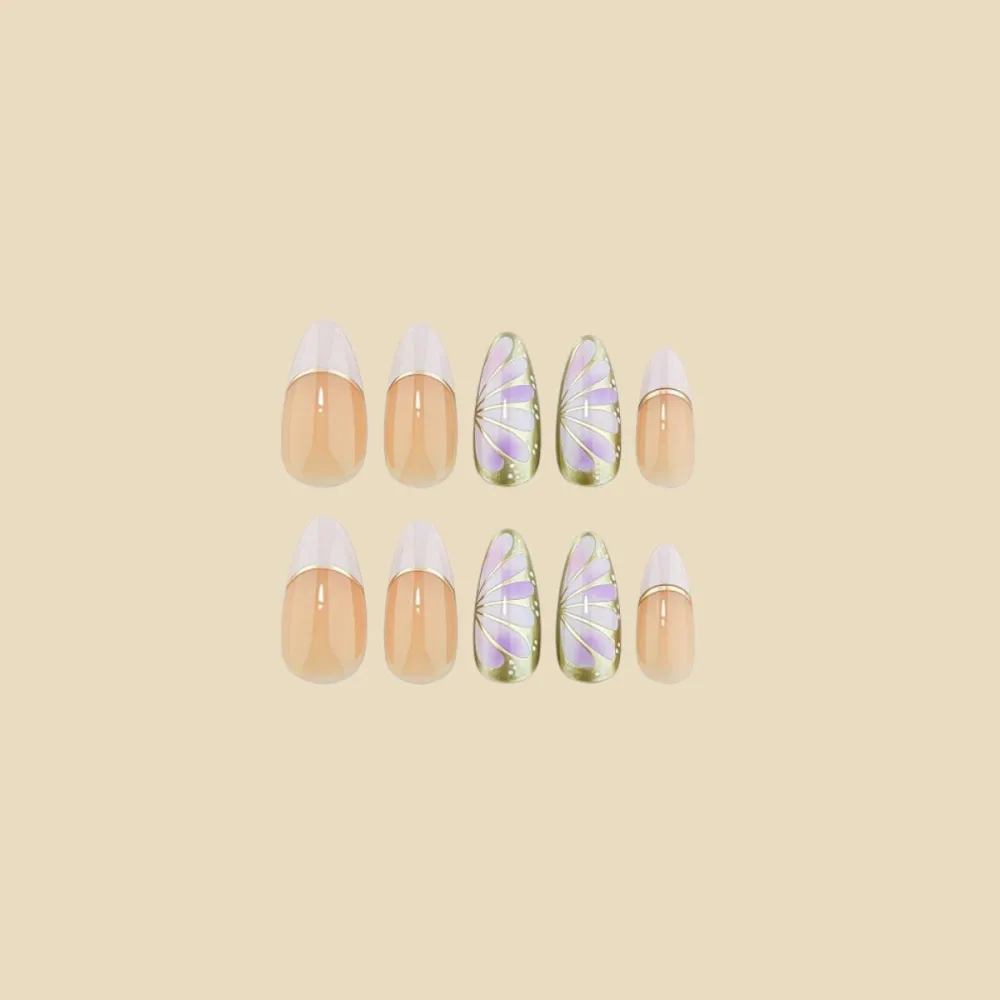 Nailhour 24pcs Medium Almond French Pink Press On Nails