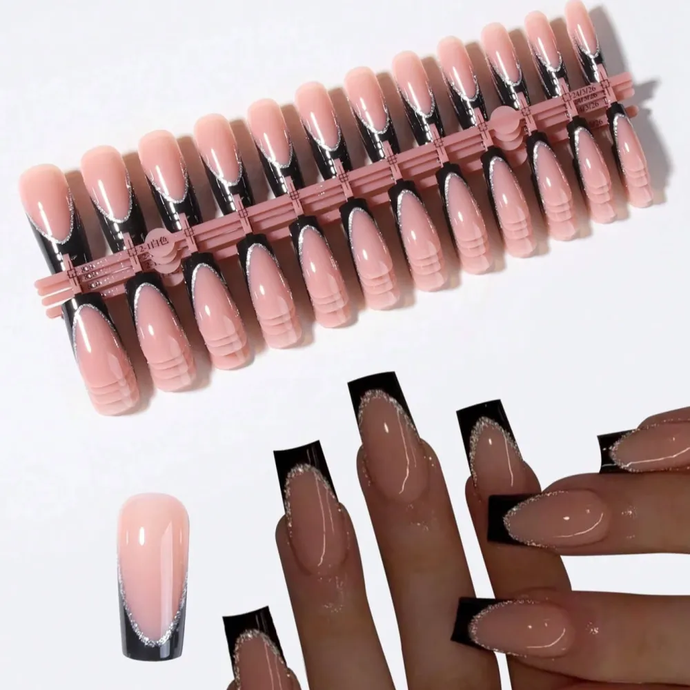 Nailhour 24Pcs French Rhinestone Medium Square Press On Nails