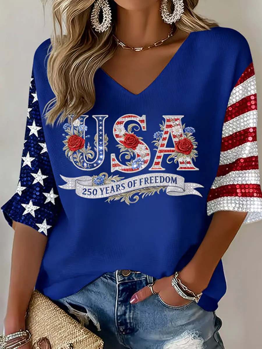 Women's 250th Anniversary Of The United States Printed V-Neck Top