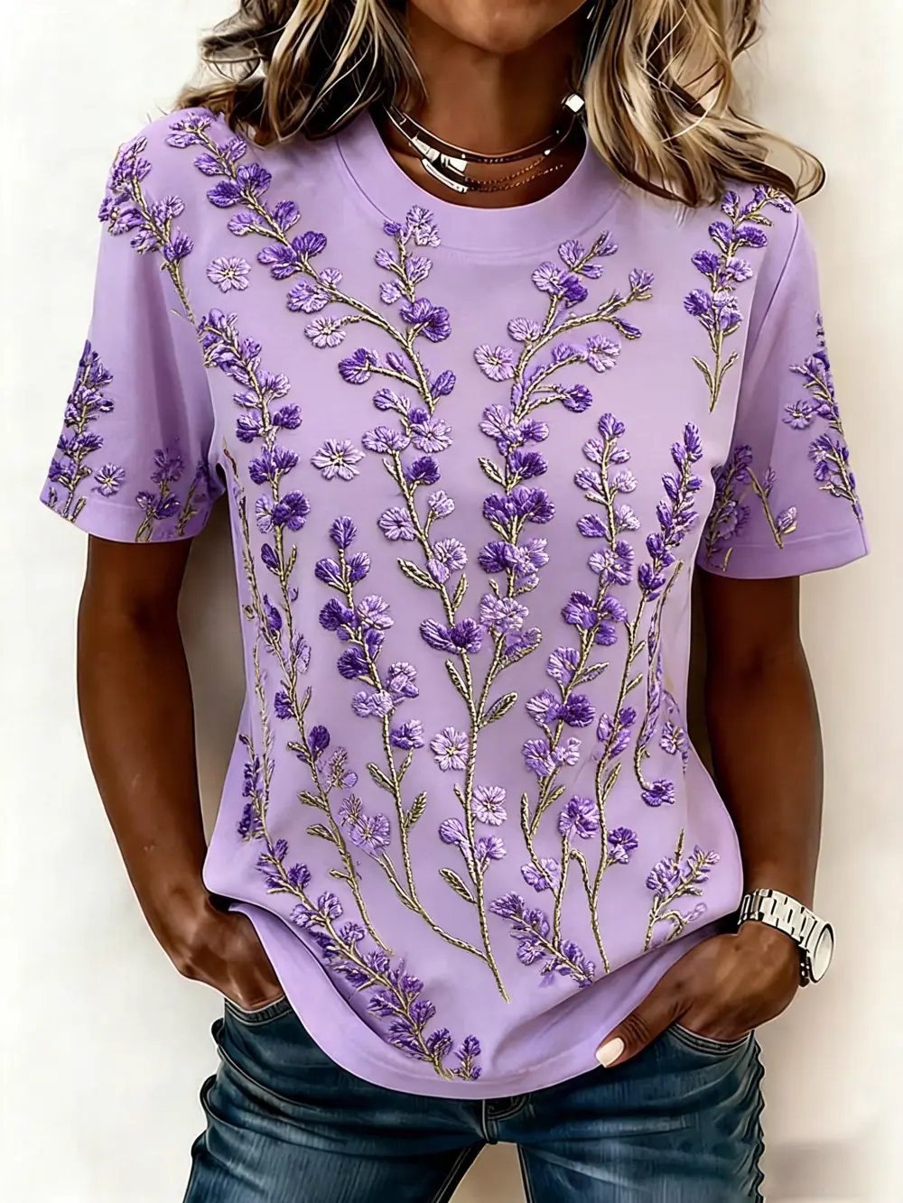 Women'S Casual Purple Floral Art T-Shirt
