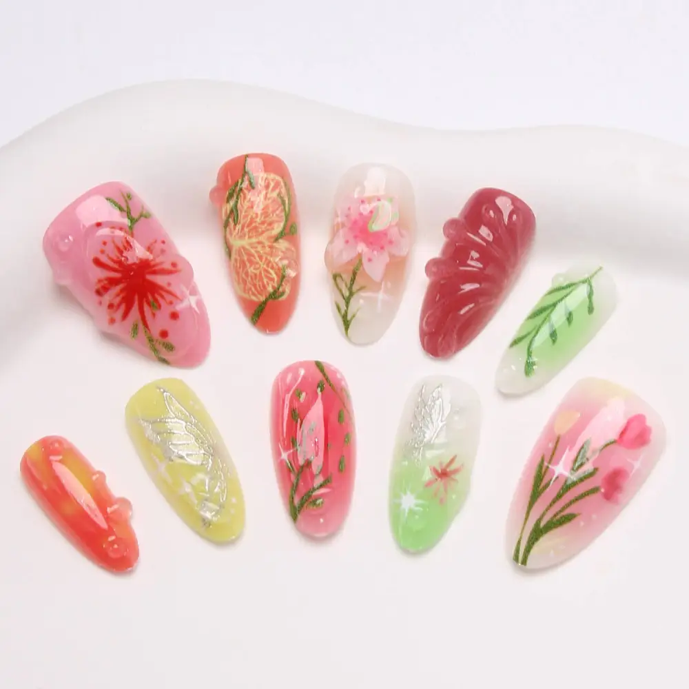 Nailhour 30Pcs 3D Floral Resin Medium Almond Press On Nails