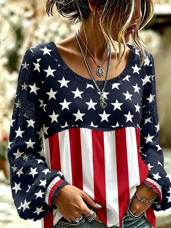 Women's Vintage American Flag Floral Art Cotton-Linen Shirt