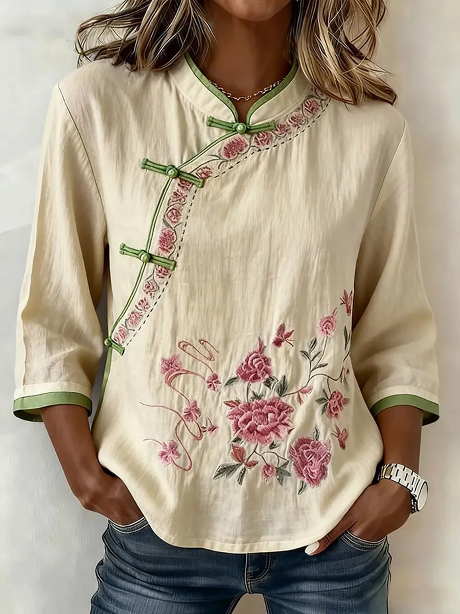 Women'S Cotton And Linen Floral Print Top