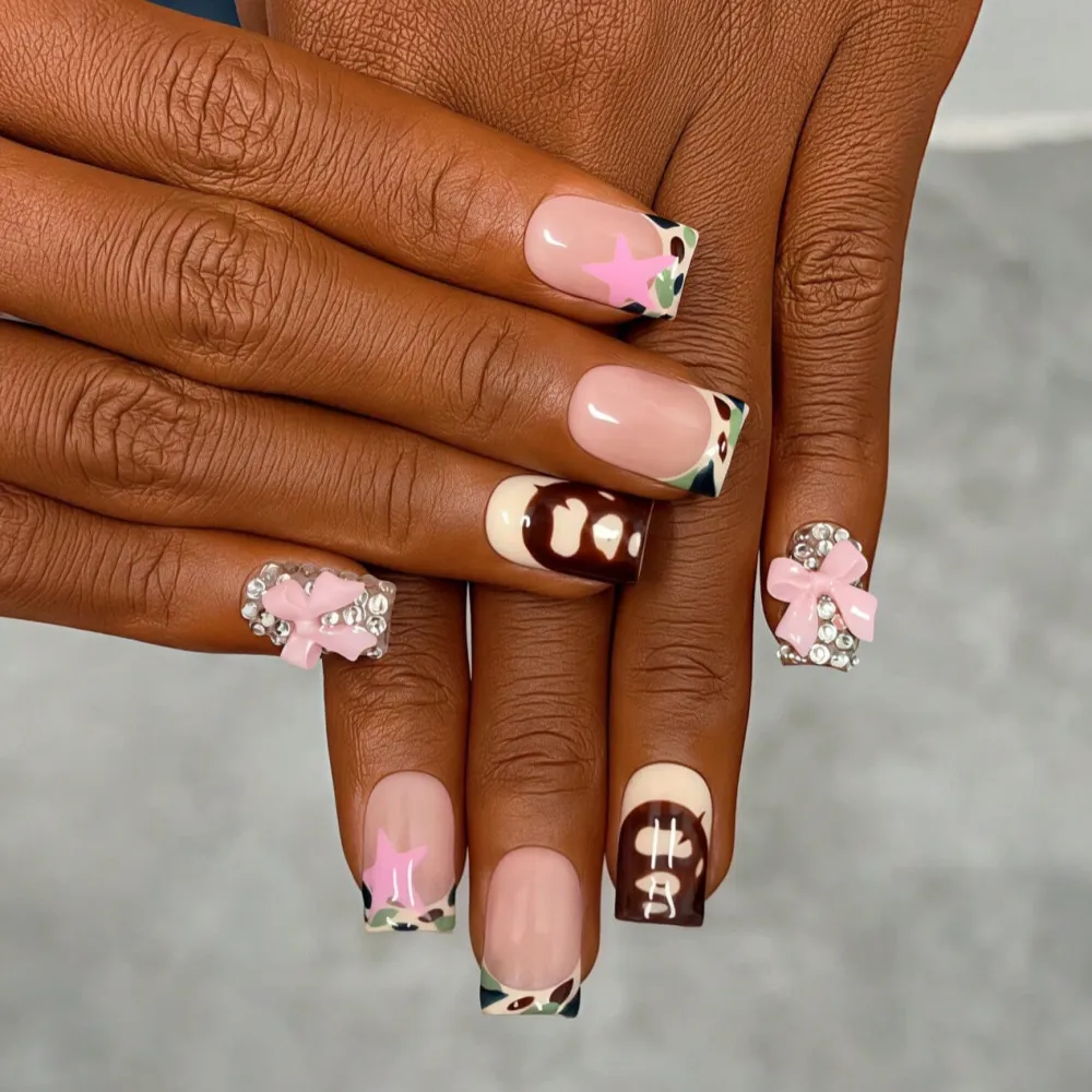 Nailhour 10Pcs French Short Square Handmade Rhinestone Press On Nails