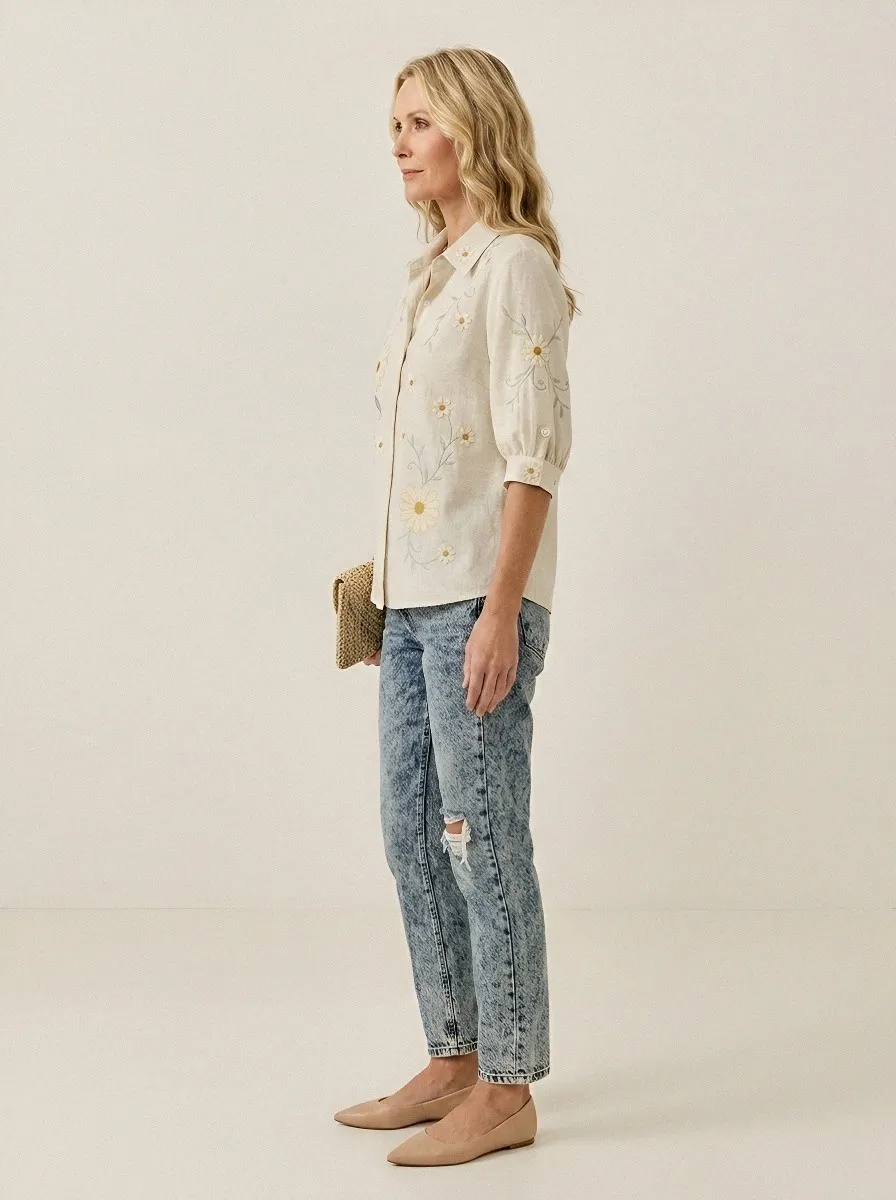Women's Breast Cancer Awareness Daisy Floral Embroidered Printed Shirt