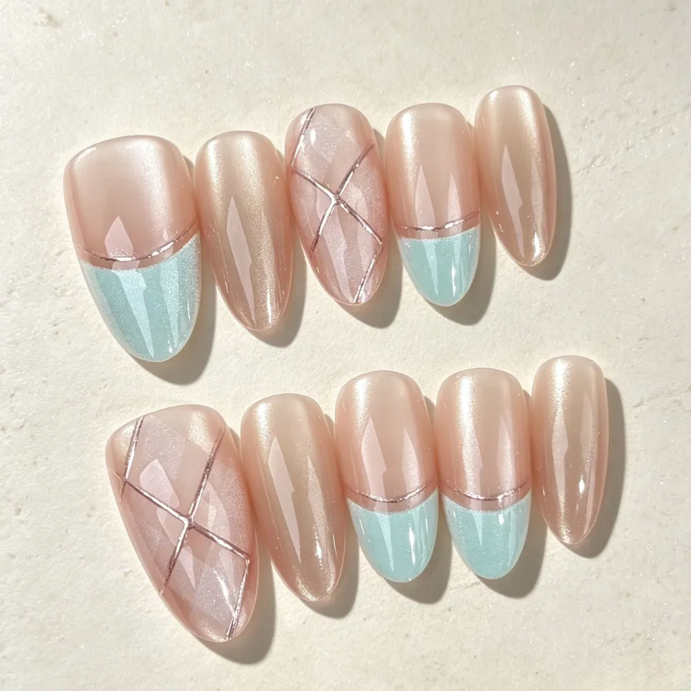 Nailhour 30Pcs Blue Cat Eye Gilded Medium Almond Cute Press On Nails