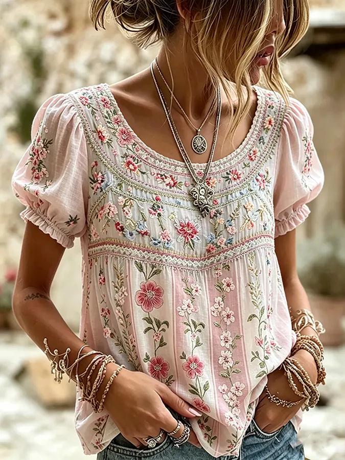 Women's Floral Print Round Neck Puff Sleeve Top