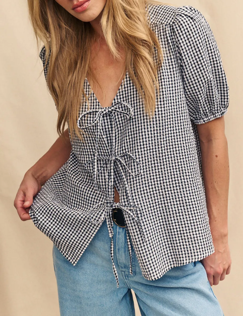 Black Gingham Tie Front Blouse