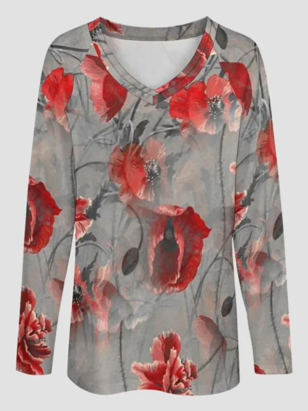 Artistic Floral V-Neck T-Shirt