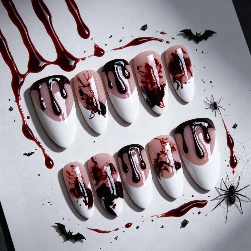 Nailhour 30Pcs 3D French Halloween Medium Almond Press On Nails