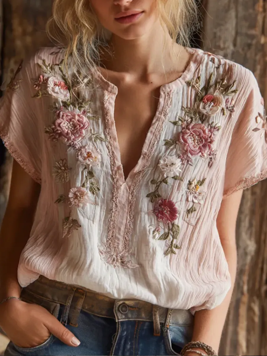 Rose Art Embroidery Pink And White Cotton Linen Short Sleeve Top