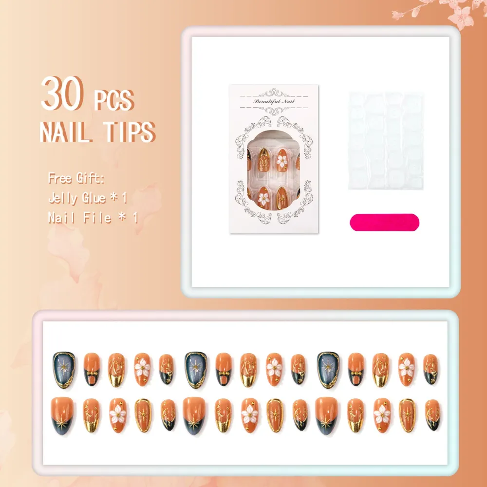 Nailhour 30Pcs Floral 3D Medium Almond Gilded French Press On Nails