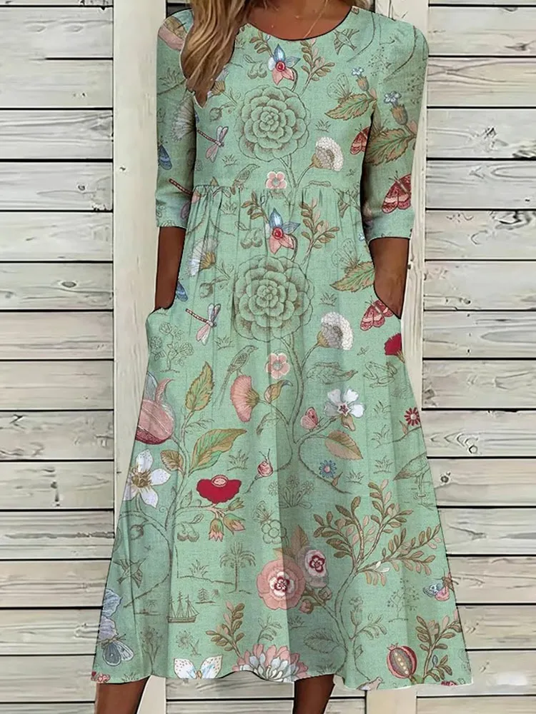 Women'S Casual Plant Flower Art Printed Round Neck Dress