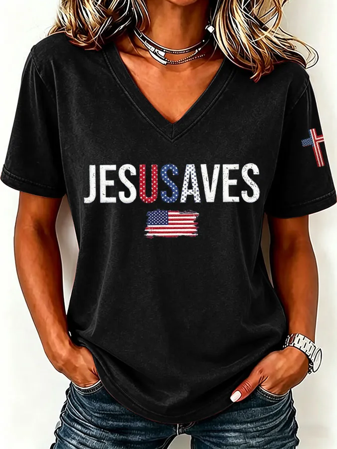 Women'S America Flag  Print Casual V-Neck T-Shirt