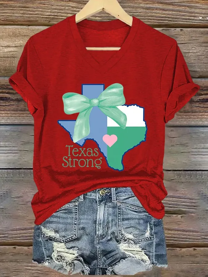 V-Neck Retro Texas Strong Bow Print Short Sleeve T-Shirt
