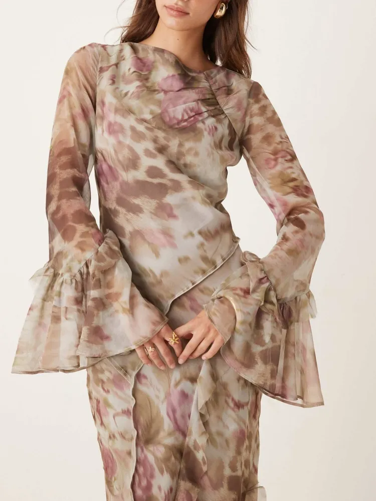 Printed Round Neck Flared Sleeve Dress