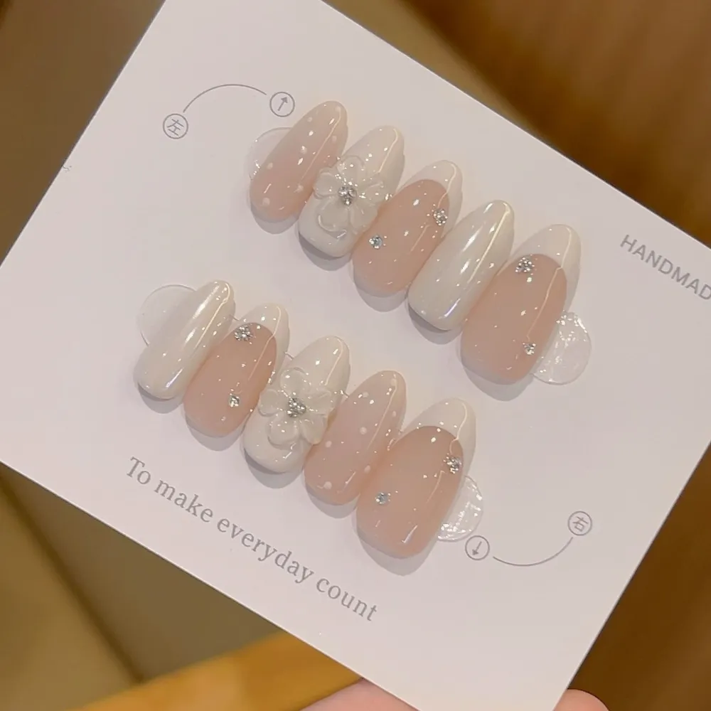 Nailhour 10Pcs French White Rhinestone Medium Oval Press On Nails