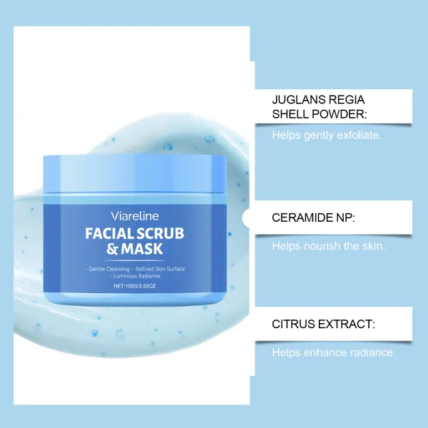 Facial scrub cleanses keratin, oil, dirt, and leaves skin smooth and radiant